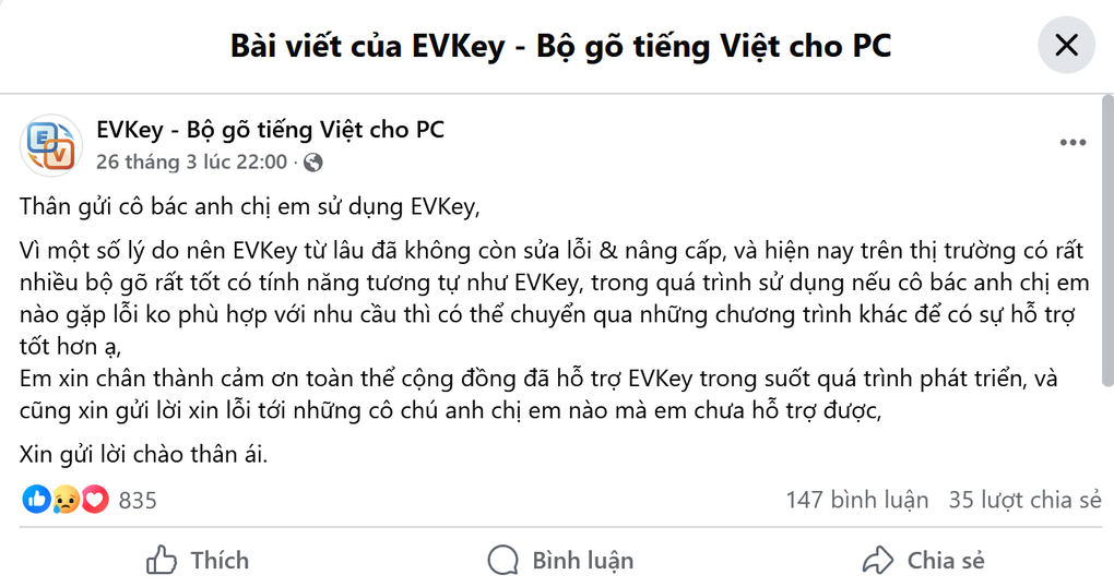 Tác giả bộ gõ tiếng Việt EVKey xác nhận khai tử sản phẩm - 1 Tác giả bộ gõ tiếng Việt EVKey xác nhận khai tử sản phẩm - 1